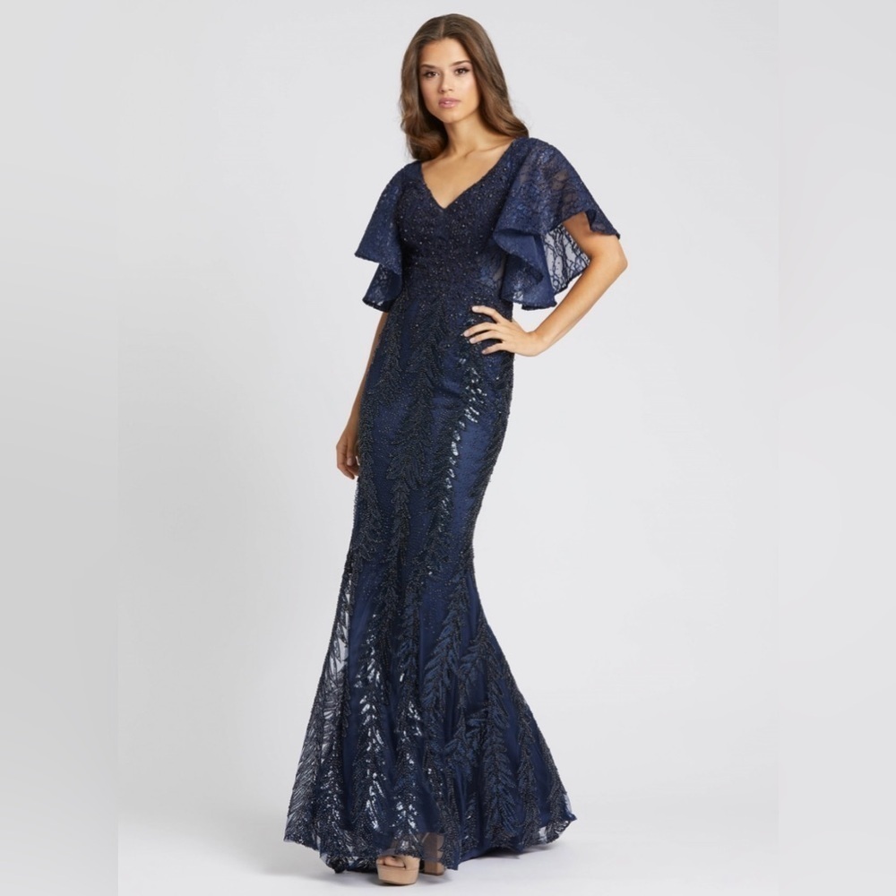 Mac Duggal 20103 NWT Midnight Ruffle Sleeve Embelished Gown